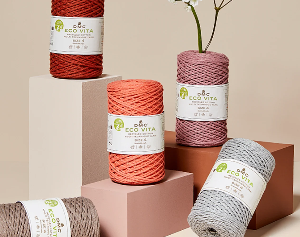 DMC Eco Vita 4 metallic yarn in cream, sage and grey shades